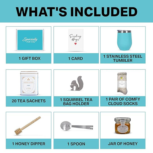 Tea Gift Set for Women – Thoughtful Get Well Gift Box with Cozy Socks, Stainless Tumbler, 20 Tea Sachets, Honey Jar & Sending Hugs Card (Paris Teaa -Heart Socks)