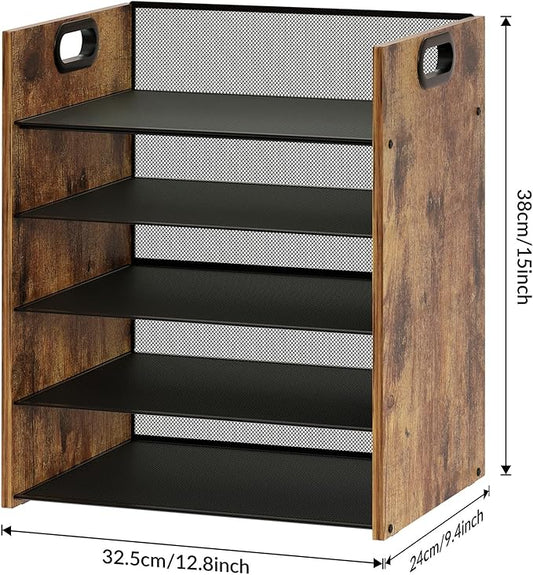 5 Tier Wood Paper Organizer for Desk, Metal Office Organizer and Accessories with Handle, Mesh File Holder for Desk, File Cabinets for Home Office, School