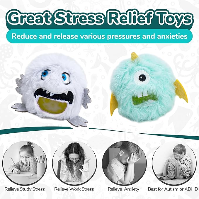 Squishy Toys Stress Balls, Plush Monster Fidget Toys for Kids Adults, Fidget Toys with Squishy Ball Inside Belly for Stress Relief, Calming, Focus, Autism and ADHD