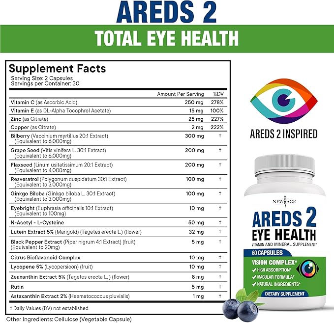 NEW AGE AREDS 2 Eye Vitamin Contains Bilberry 6000mg Lutein (32mg), Grape seed (6000 mg), Eyebright (1000 mg), and Zeaxanthin (8 mg) - 120 Count