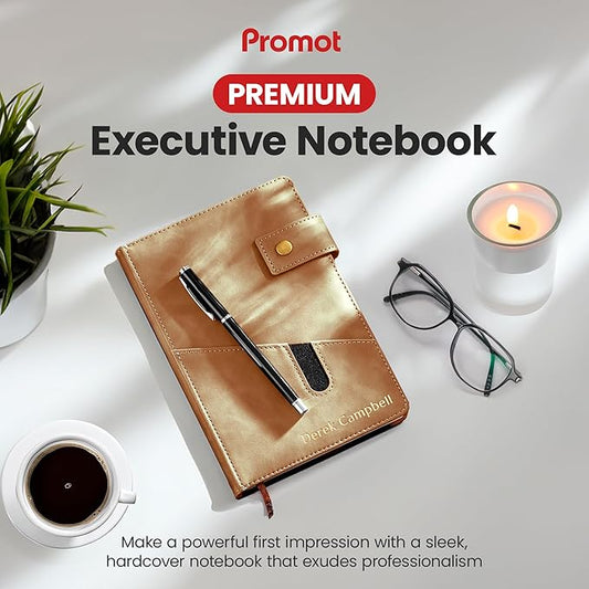 Promot Personalized Notebook - A5 Lined Leather Bound Journal for Writing Women Men - Hardcover Executive Notebook, Daily Journal, Travel Diary, Gift Idea, Custom Embossed Text with Gold Metallic Foil