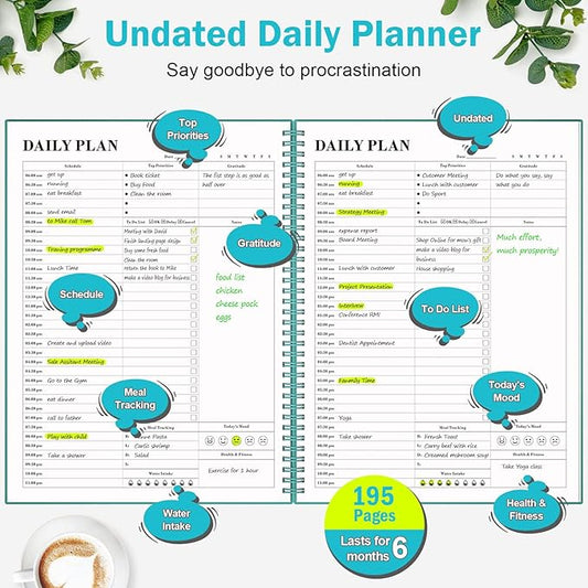 Planner Undated, Asten Daily Planner Agenda with to Do List, Hourly Schedules for Women and Men, Spiral Appointment Book with Elastic Closure, Inner Pocket 8.5" x 11" (Blue)