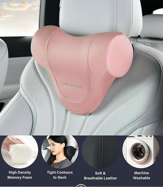 Coverado Car Headrest Pillow, Ergonomic Memory Foam Car Neck Pillow for Driving Seat with Adjustable Strap, Soft PU Leather Breathable Removable Cover Neck Support for Neck Pain Relief, Pink