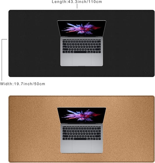 Vyaaa 43.3β x 19.7β Cork & Leather Desk Mat, Dual Sided PU Leather Desk Pad Protector, Waterproof Non-Slip Extra Large Desk Writing Pad, Laptop Desk Pad, Keyboard Mat for Home or Office (Black)