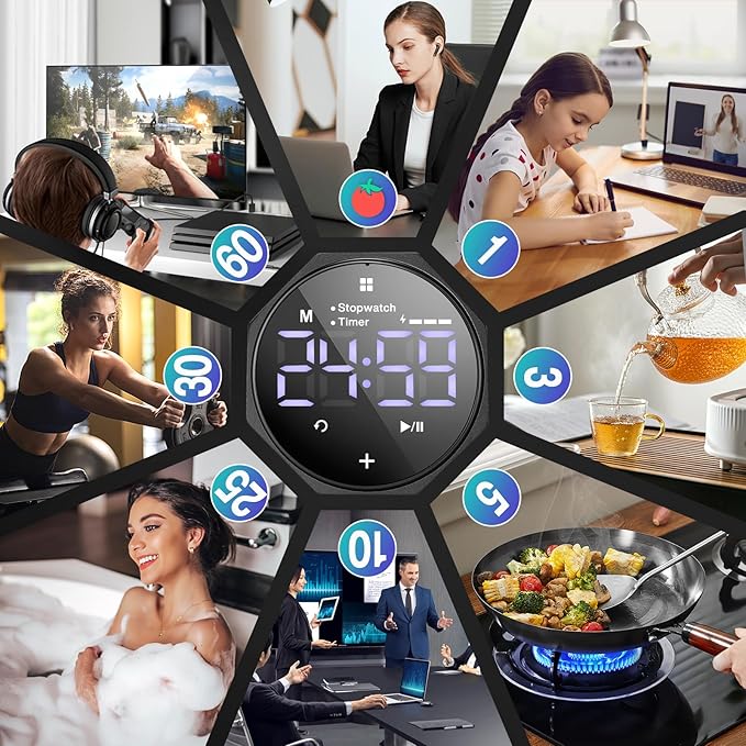 Digital Pomodoro Timer,Frosted Metal Productivity Cube Timer,1.8 In LED Digital Large Screen and Auto-rotating Display,1/3/5/10/25/30/60min & Custom Time, Silent & Alarm,for Office, Study, Work(Black)