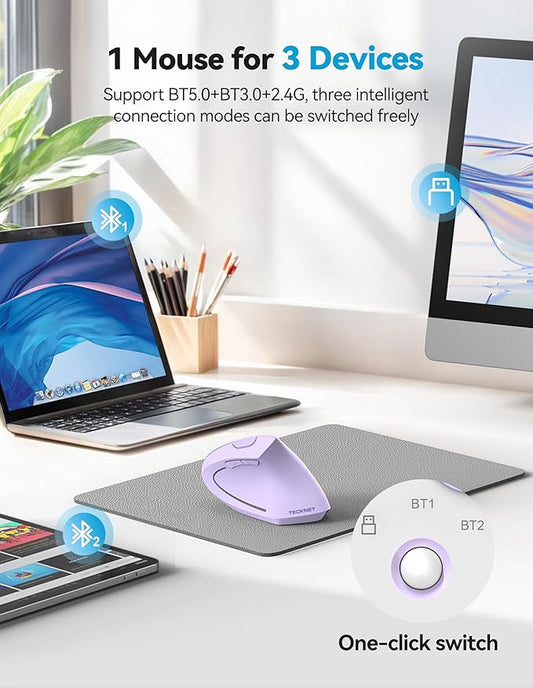 TECKNET Ergonomic Mouse, Rechargeable 2.4G+Bluetooth Vertical Mice 6 DPI Adjustable, Wireless Optical Carpal Tunnel Mouse for Right Hand, Silent 6 Buttons for Laptop, PC, MacBook, iPad - Light Purple