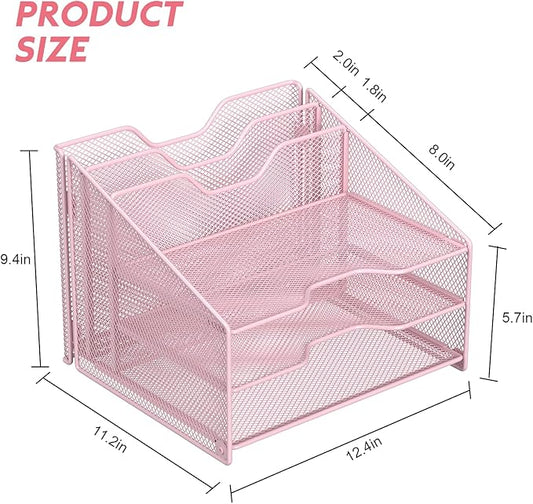 samstar Pink Desk File Organizer, Mesh Letter File Folder Holder with 3 Paper Trays and 2 Vertical Upright Section, for Office Supplies, Desk Accessories & Workspace, Pink