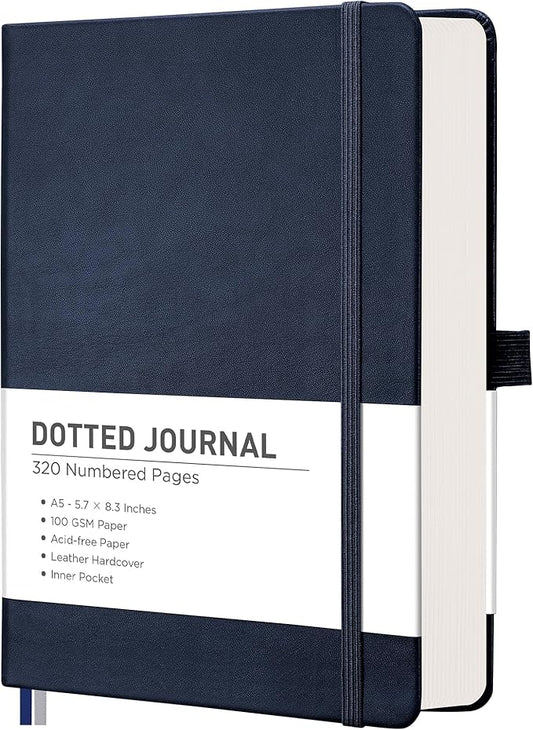 RETTACY Bullet Dotted Journal Notebook, 320 Numbered Pages, A5 Medium Size (5.7'' × 8.3''), Leather Hardcover, 100 GSM Thick Paper, for Bullet Journaling, Planning, Tracking (Navy Blue)