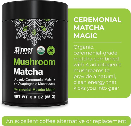 Inner Elevate Mushroom Matcha - Organic, Ceremonial-Grade Matcha Powder with 4 Superfood Mushrooms - Adaptogenic Mushroom Tea Drink with Lion's Mane, Cordyceps, Turkey Tail, Reishi (30 Servings)