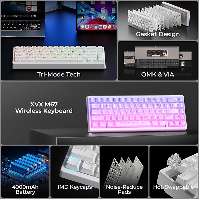 XVX M67 Wireless 60% Percent Keyboard, QMK/VIA Topographic Gaming Keyboard, Tri-Mode Thocky Creamy Mechanical Key Board, Hot Swappable Gasket Mount RGB IMD Tech for Win/Mac, Miami Theme, White