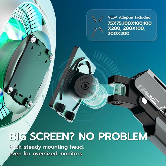 ARES WING Heavy Duty Single Monitor Arm - Gas Spring Aluminum Monitor Mount for 24"-57" Ultrawide Screens up to 66 lbs with Clamp/Grommet Desk Mount, 75/100/200 Vesa Mount, Black