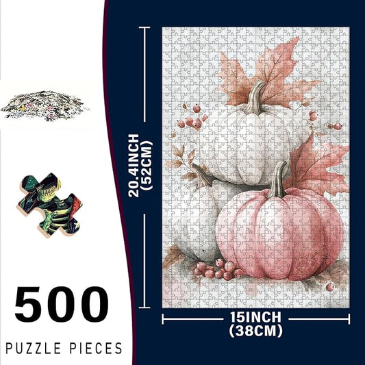 500 Piece Wooden Puzzle Fall Pink White Pumpkin Adults & Kids Challenging Jigsaw for Stress Relief Family Bonding & Skill Building 20.4x15 Inch