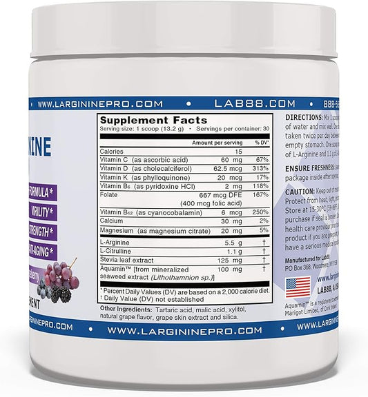 L-Arginine PRO | 5,500mg L-Arginine Plus L-Citrulline 1,100mg Grape Powder Drink Mix Supplement for Increased Nitric Oxide Production