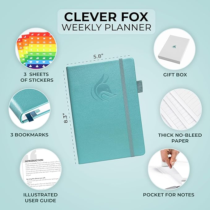 Clever Fox Planner – Undated Weekly & Monthly Planner for Productivity, Time Management & Goals – Organizer Journal – A5 (Aquamarine)