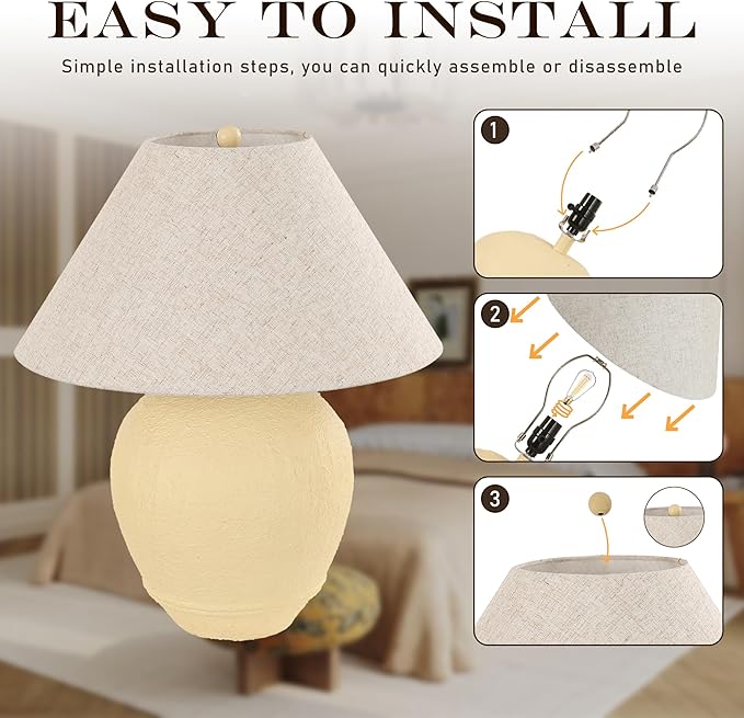 Pia Ricco 21'' Large Cream Base Ceramic Basin Table Lamp for Bedroom, Living Room, Dining Room, Office, Beige Shade