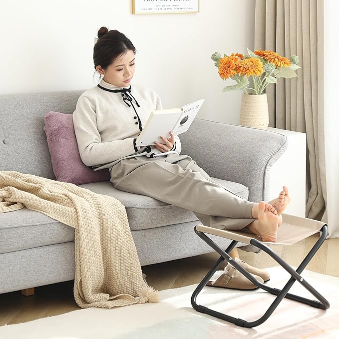 LITA Folding Footrest Stool, Portable Ottoman Foot Rest, Upholstered Small Foldable Ottoman Stool with Detachable Thick Cotton Cushion Padded Sofa Stool for Living Room, Bedroom, Plush Purple