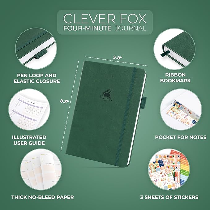 Clever Fox Four-Minute Journal – Daily Positivity Journal with Prompts – Motivational Affirmation, Mental Health & Habit Tracker (Forest Green)