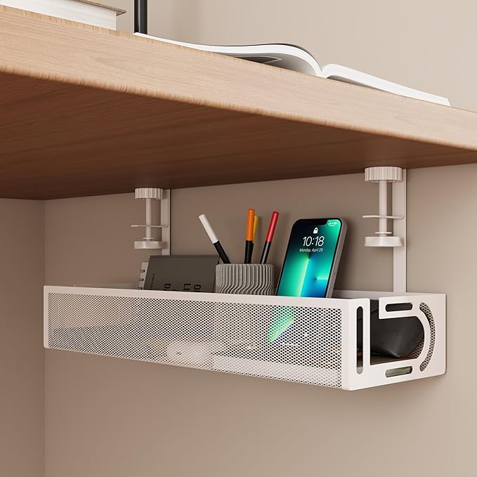 Under Desk Cable Management Tray - Management Organizers Holder, Management Under, No Drill to Desk Cable Raceway, Under Storage for Office, Kitchens, Home (White)