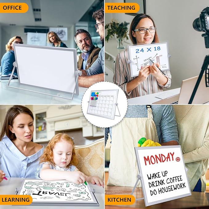 Dry Erase White Board, 16X12IN Magnetic Desktop Whiteboard Calendar with Stand, 8 Markers, 4 Magnets, 1 Eraser, Portable Double-Sided White Board Easel for Kids Memo to Do List Desk