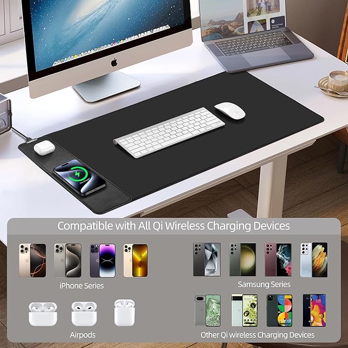 Mouse Pad with Wireless Charging, Gaming Mouse Pad with Ultra-Smooth Surface, Large XXL Desk Mat, Non-Slip, Waterproof Computer Keyboard Pad, 800x400x4MM, Included 20W PD Power Adapter