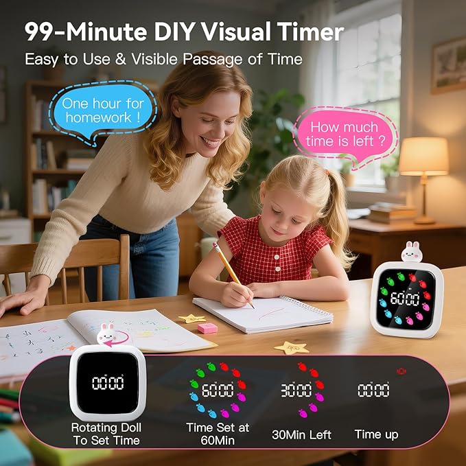 Yunbaoit Digital Visual Timer for Kids, Rechargeable 99-Minute Silent Countdown Timer with 19 Ringtones, 9 Optional DIY Color Carrot Display, Time Management Tool with Pause Function (Rabbit)