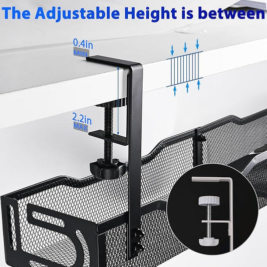 Clamp-On Under Desk Cable Management Tray – 25.3 Inch No Drill Metal Wire Organizer for Home Office & Standing Desk Setup (Black)