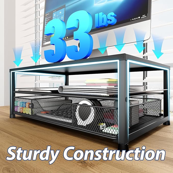 Desk Organizer and Accessories, 2-Tier Computer Monitor Stand Riser with Drawer and 2 Pen Holders, Laptop Stand, Office Desk Accessories for Office Supplies, Black