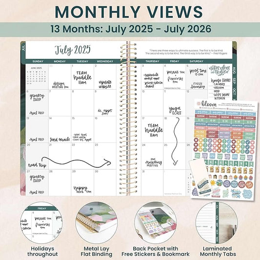 bloom daily planners 2025-2026 Academic Year Daily Planner (July 2025 - July 2026) - A5 Weekly & Monthly Calendar Agenda Organizer Book with Stickers - 5.5" x 8.25" - Emerald Paint Strokes