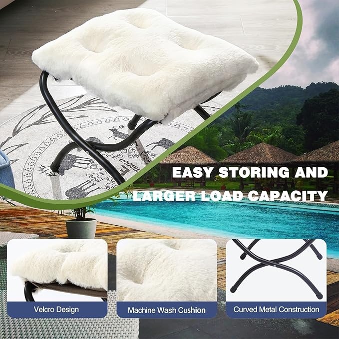 15" Foldable Foot Stool Ottoman with Metal Frame - Washable Faux Fur Beige Upholstered Indoor/Outdoor Footrest for Living Room, Bedroom, Patio - Space-Saving Compact Design