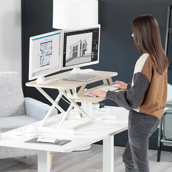VIVO 36 inch Desk Converter, K Series, Height Adjustable Sit to Stand Riser, Dual Monitor and Laptop Workstation with Wide Keyboard Tray, Light Wood Top, White Frame, DESK-V036KF