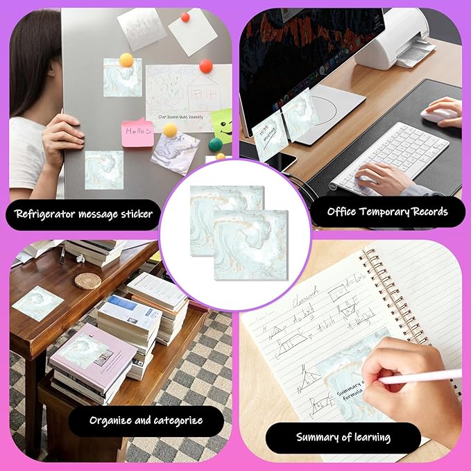 Sticky Notes 3x3 Inches, 2 Pads Cute Colorful Self-Stick Note Pads, Easy to Post for Home, Office and Daily Life Organization Cute Green Gold Marble