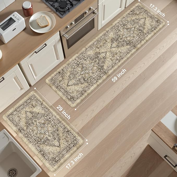 KIMODE Anti Fatigue Kitchen Mats for Floor, Boho Kitchen Rugs Sets of 2, Cushioned Kitchen Floor Mats, Comfort Standing Mat for Sink Laundry Office Desk Brown 17"x59"+17"x29"