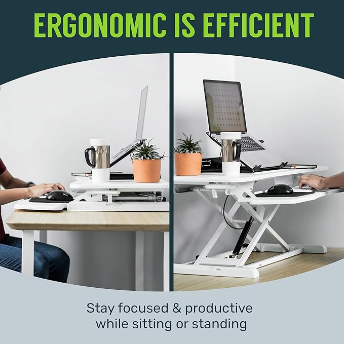 TechOrbits Standing Desk Converter - 32 Inch Adjustable Sit to Stand Up Desk Workstation, MDF Wood, Ergonomic Riser with Keyboard Tray, Desktop Riser for Home Office Computer Laptop, White 32"