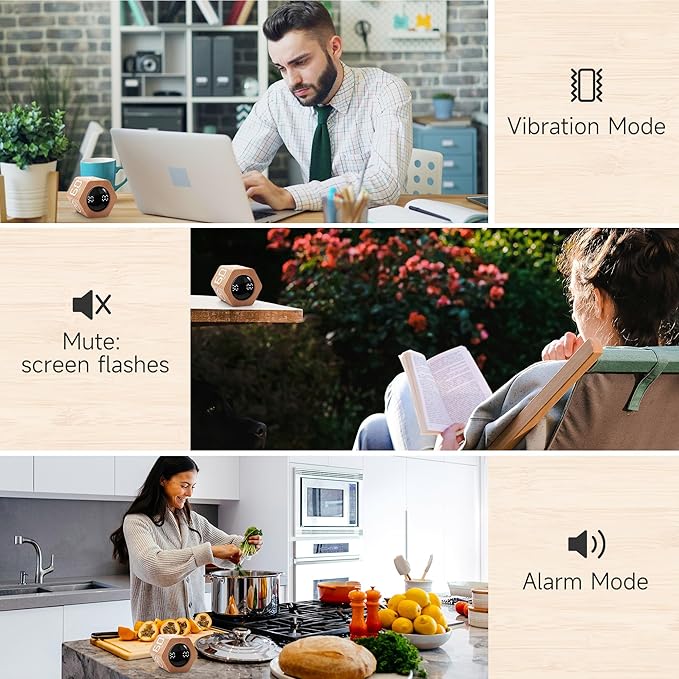 Productivity Timer 1, 5, 10, 30, 60 Minutes Preset, Desk Cube Timer with Gravity Sensor/Mute/Vibration for ADHD, Work, Study, Kitchen, Back to School (2, Wood Grain&Black)