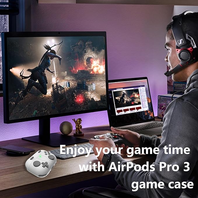 for AirPods Pro 3 Case(2025) DamonLight Game Case Shock-Proof Protective Silicone with Cleaning Pen and Keychain Accessories for Apple Airpods Pro 3rd Generation (Gray)