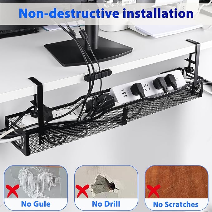 Clamp-On Under Desk Cable Management Tray – 25.3 Inch No Drill Metal Wire Organizer for Home Office & Standing Desk Setup (Black)