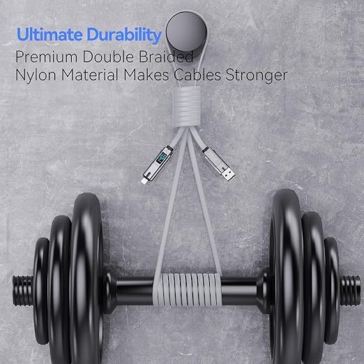 pzoz 4-in-1 USB C Fast Charging Cable with LED Display, Multi USBC Charger Combo Lightning/Type C/USB A Metal Ports for iPhone 17/16/15/14 Pro Max iPad MacBook AirPods Pro Samsung Google (140W, 5 ft)