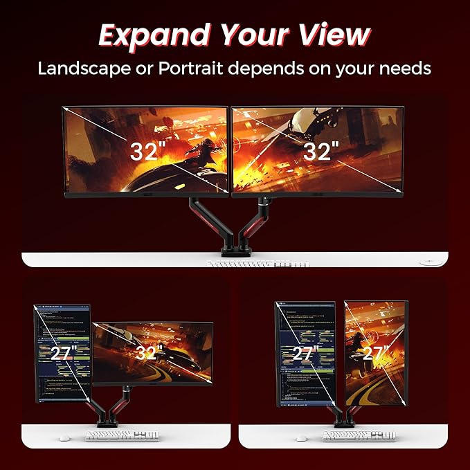 Dual Monitor Mount Gaming for Computer Screen 13-32" and up to 22 lbs,360° Rotation,+90° to -45° Tilt,180° Swivel,with C Clamp and Grommet Base,Integrated Cable Management,75x75/100x100 VESA,RED