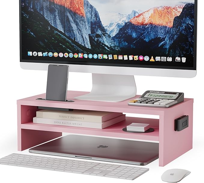 BONTEC Wooden Monitor Stand Riser, 2-Tier Desk Shelf with Storage Organizer, Ergonomic Computer Stand with Cable Management, Cellphone Holder, Pink, 16.5 Inch