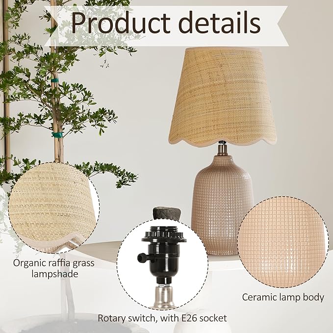 Pia Ricco 19" Modern Ceramic Table Lamp for Living Room Gray Camel Base Desk Lamps for Bedroom Farmhouse Bedside Nightstand Lamp End Table Lamps,Pink,Rattan Shade