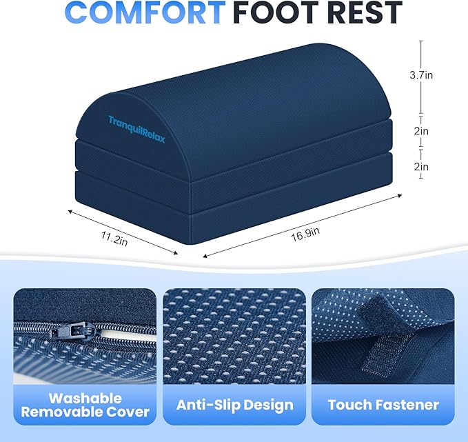 Foot Rest for Under Desk at Work, Gaming Accessories Foot Stool with 3 Adjustable Heights & Washable Cover, Comfortable Office Desk Accessories, Footrest for Office, Home and Car (Blue)