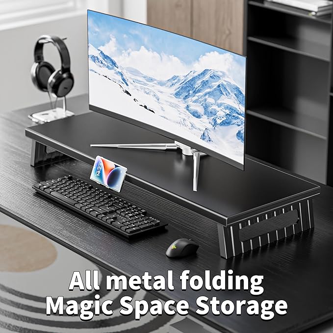 All-Metal Foldable Monitor Stand with 28cm Wide Desktop,, Headphone & Mic Jack, Detachable Phone Holder, (Basic Version, 760mm)