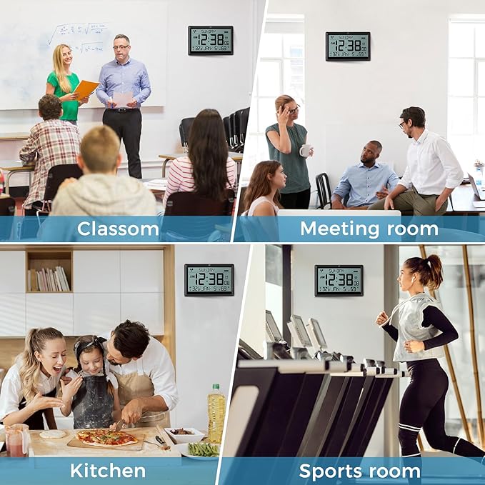 SZELAM Atomic Clock,10.5"Large Display Digital Wall Clock Battery Operated,Digital Calendar Auto Setting Desk Clocks with Indoor Temperature,Humidity,Date,Day,Auto DST for Elderly Bedroom-No backlight