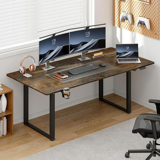 71x32 Inch Adjustable Standing Desk with 4 Legs, Stand-up Desk Features a Rectangular Top, Dual-Motor Lift, and Memory Presets (28-46Inch) for Home Offices or Computer Workstations, Rustic Brown