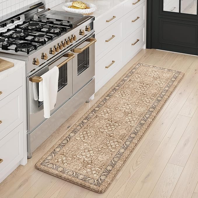 KIMODE Anti Fatigue Kitchen Mat, Cushioned Boho Kitchen Runner, Non Slip Memory Foam Kitchen Mat for Floor, Waterproof Standing Desk Mat for Laundry, Office, Sink Brown 17.3"x59"