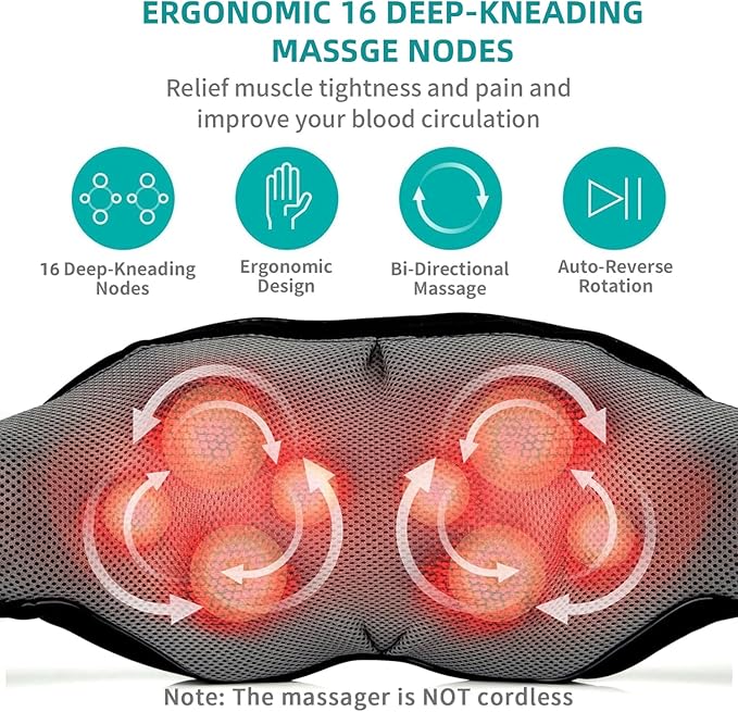 Nekteck Cordless Shiatsu Neck and Back Massager with Soothing Heat, Electric Deep Tissue 3D Kneading Massage Pillow for Shoulder Leg Body Muscle Pain Relief, Home Office and Car Use