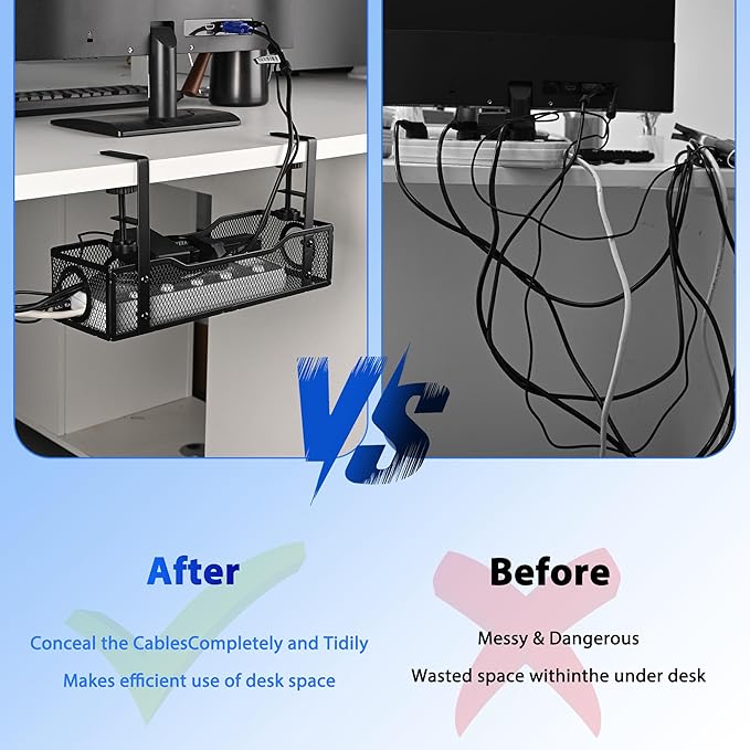No Drill Under Desk Cable Management Tray – Clamp-On Metal Cable Organizer for Power Cords – Easy Install Wire Holder for Home Office Desk (Black)