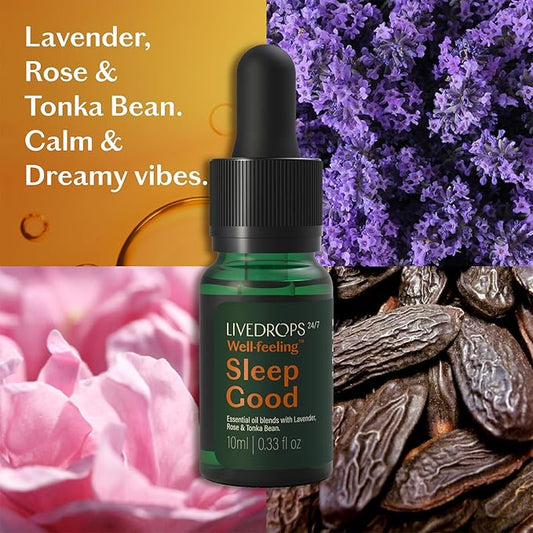 LIVEDROPS 24/7 Sleep Good Essential Oil Blend - Crafted in France - Lavender & Rose - Pure & Natural - Aromatherapy - Skin Safe & Diffuser Compatible - Clinically Tested