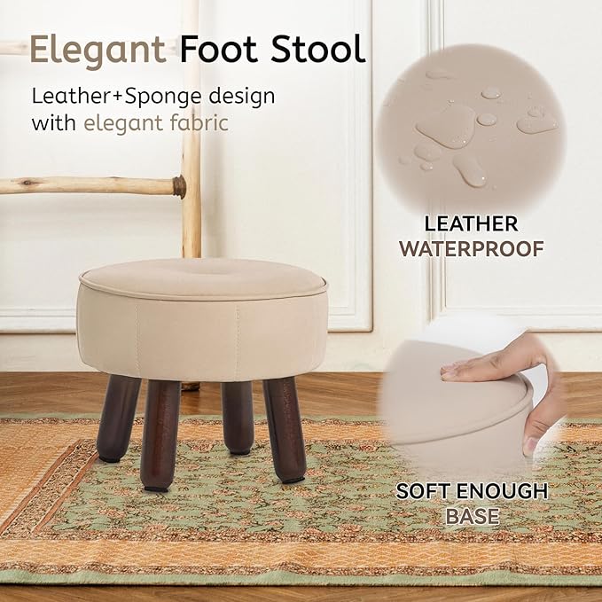 13in Small Foot Stool Ottoman, Round Faux Leather Foot Rest for Couch, Under Desk Pouf Footstool Footrest with Non-Skid Rubber Legs for Ling Room, Bedroom, 13''L x 13''W x 10.2''H, Beige