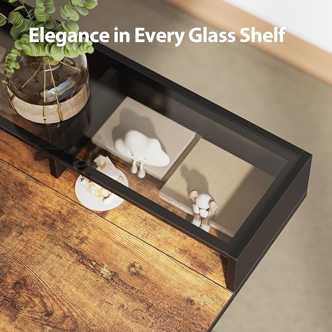 Agilestic Glass Standing Desk with Storage, 48 Inch Electric Adjustable Desk with Glass Shelf, Sit Stand Up Home Office Computer Table, Splice Board, Rustic Brown